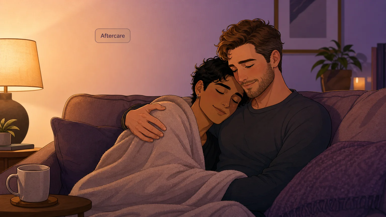 Two people on a couch in warm light, holding each other after an intense experience — the quiet intimacy of aftercare