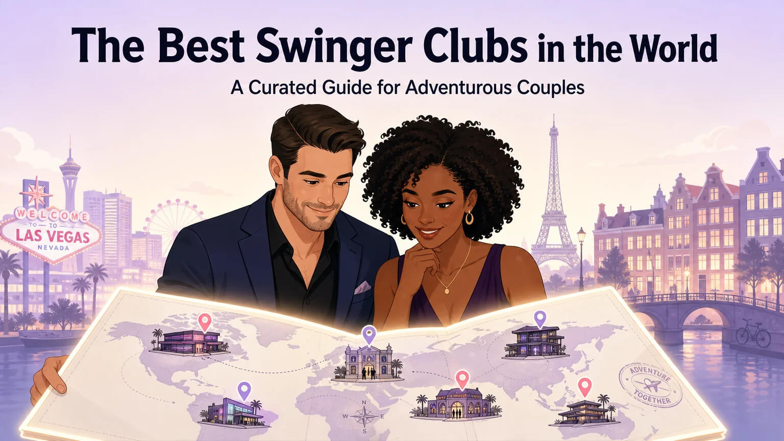 A couple standing together over a glowing travel map of swinger club destinations across the US and Europe, illustrated in warm pastel tones with lavender and coral accents