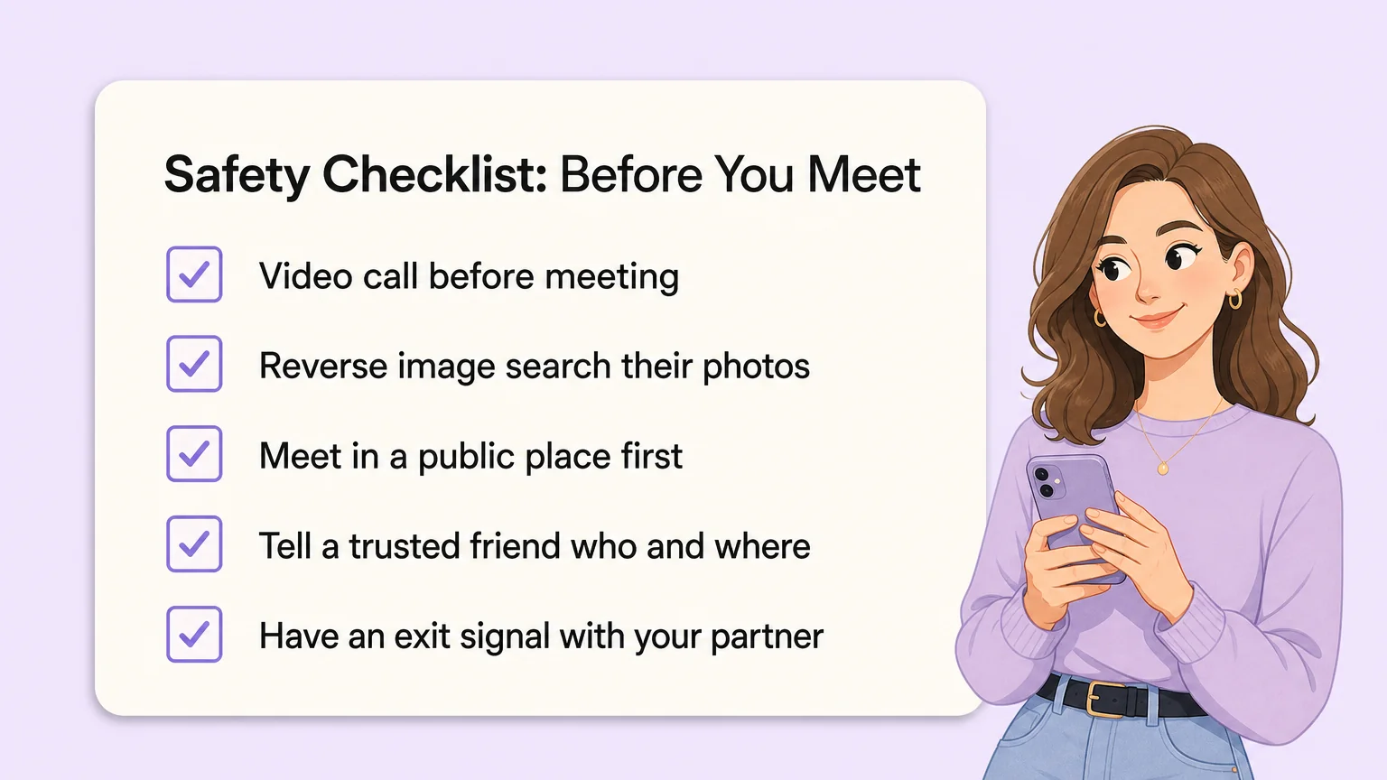Safety checklist card: 5 steps before meeting someone from a dating app