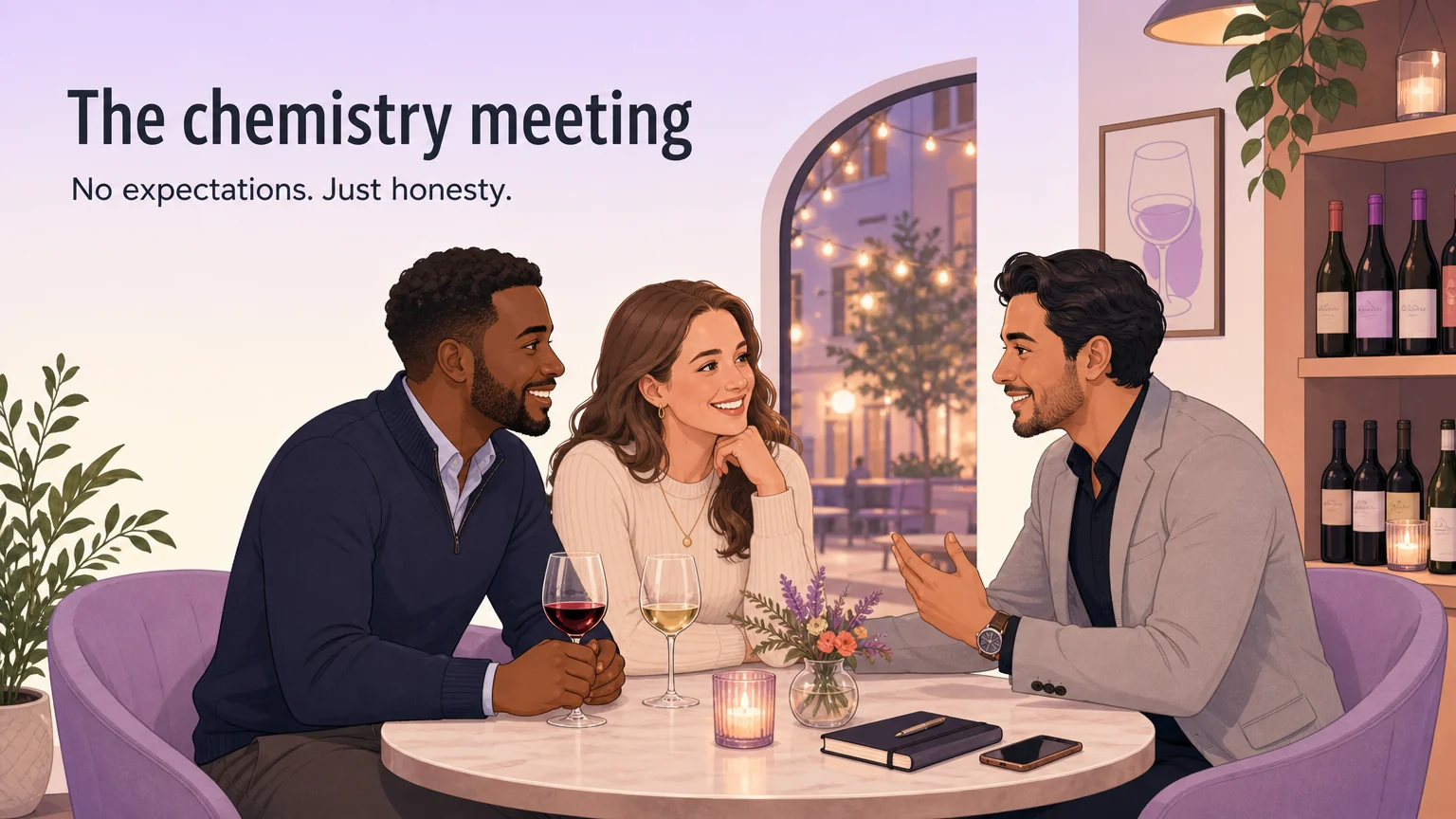 Three people having an honest conversation over dinner at a cozy cafe: the ethical chemistry meeting before anything physical happens