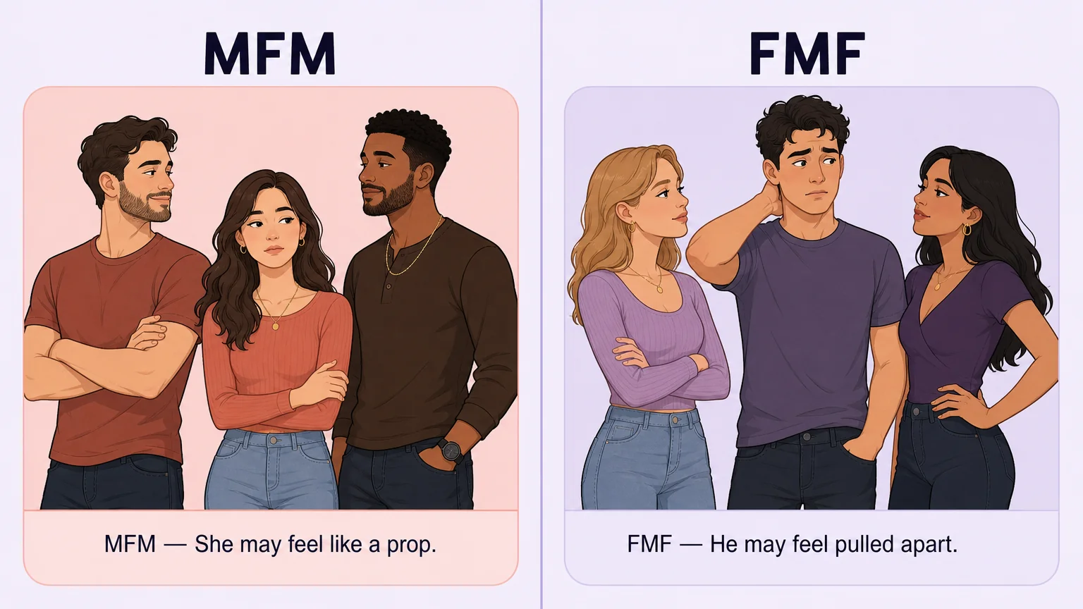 Two-panel comparison of MFM versus FMF threesome dynamics, showing the different emotional risks of each configuration