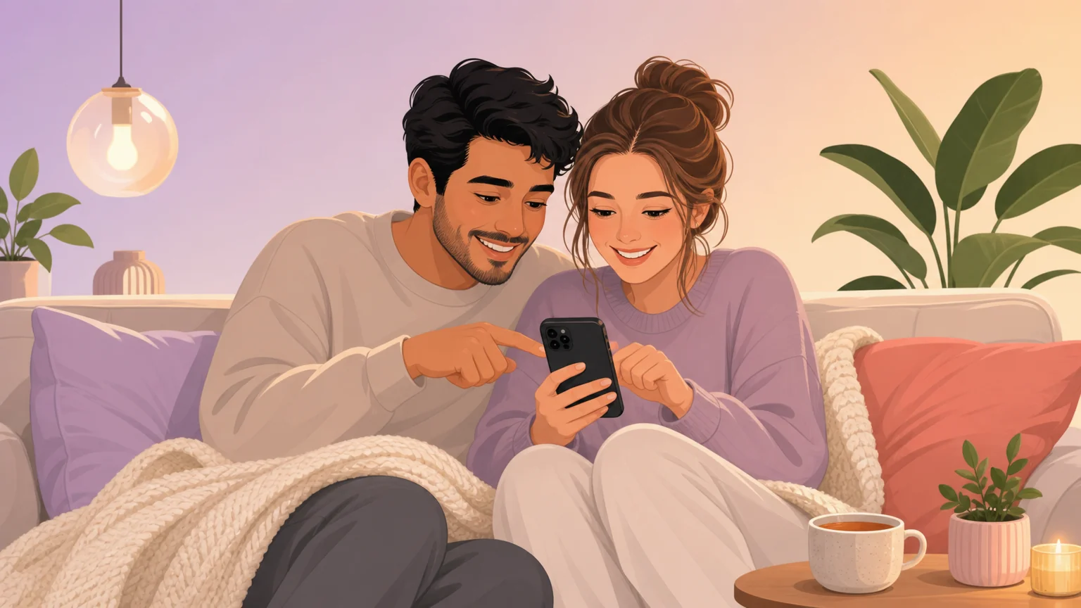 A couple on a cozy couch browsing a dating app together on a phone — collaborative discovery, not hunting