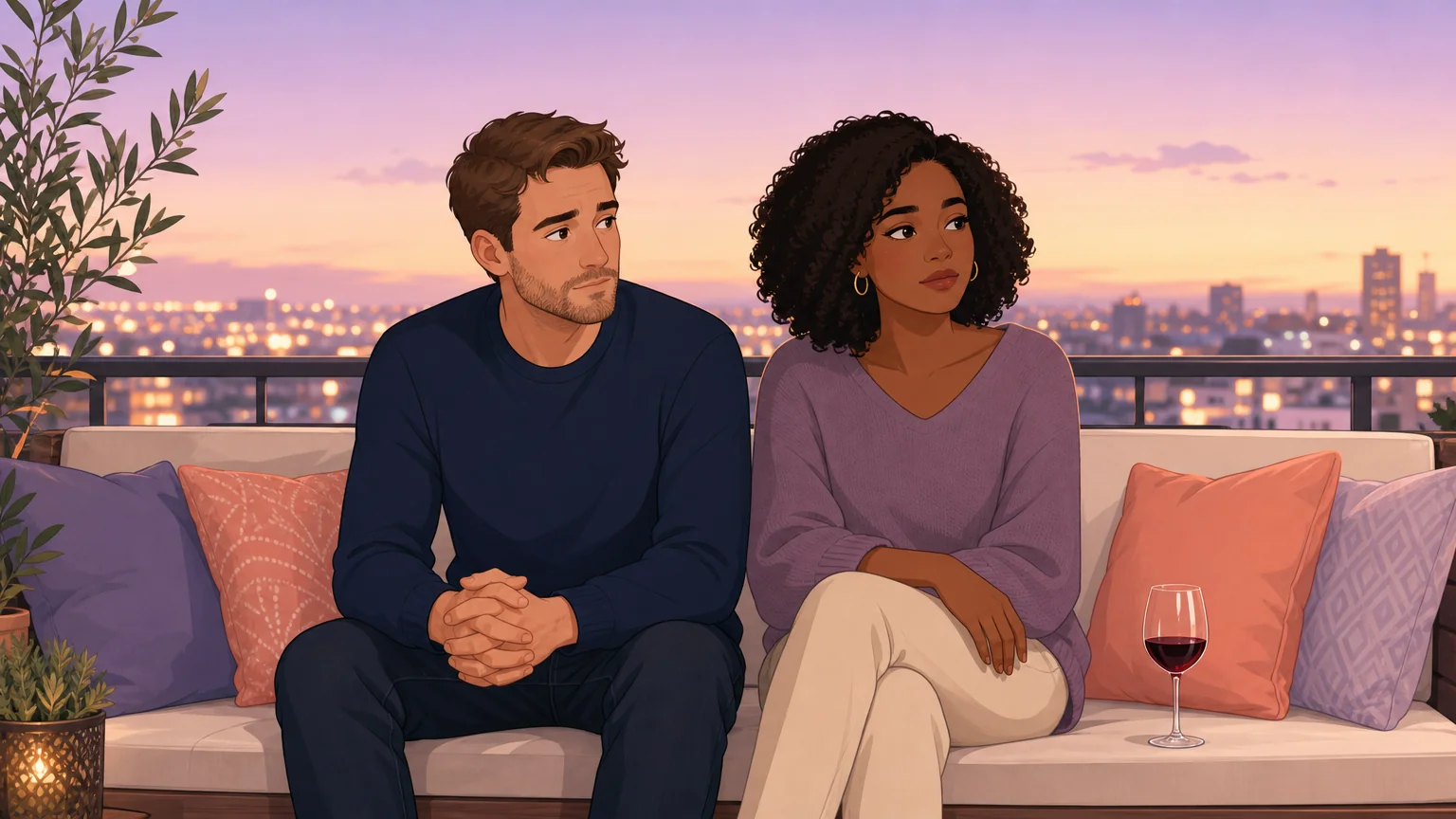 A couple sitting side by side on a balcony at twilight, the moment after he asked the question — vulnerable, intimate, everything hanging in the balance