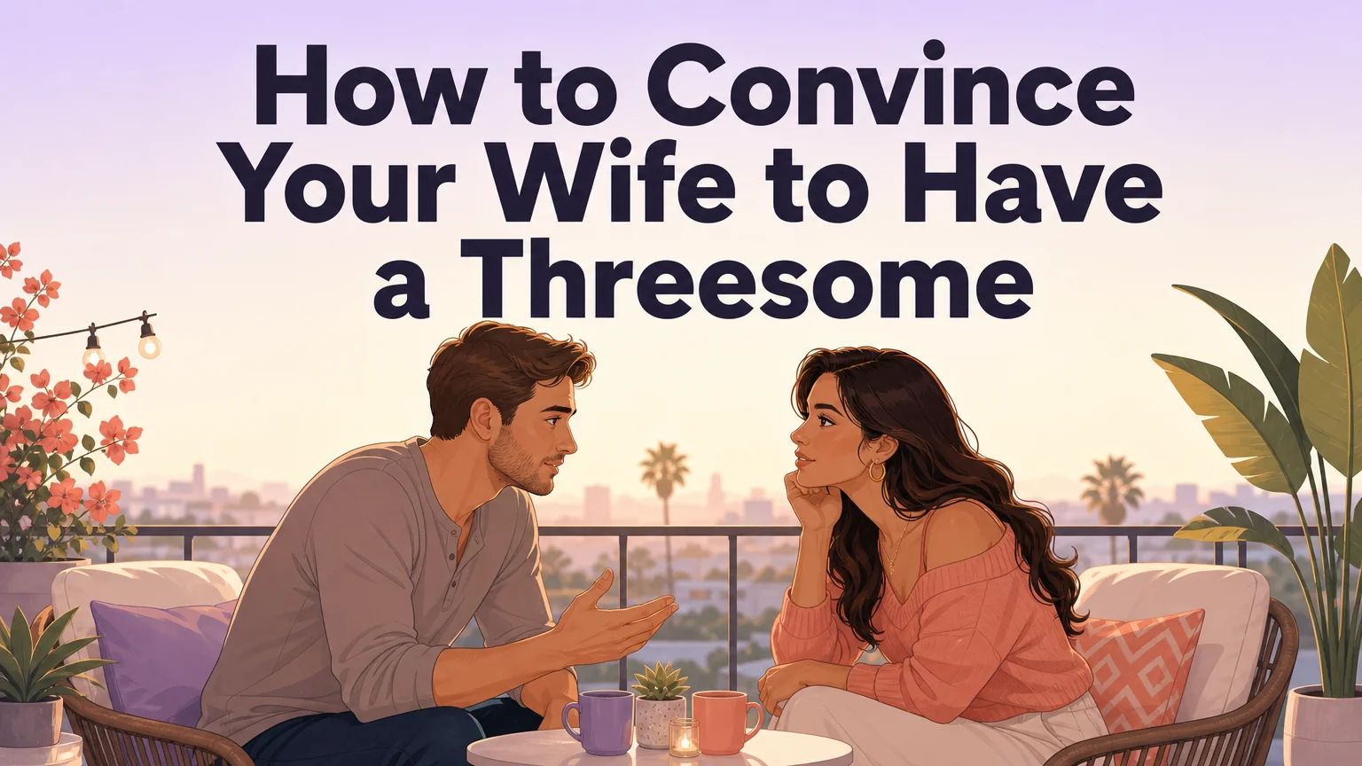 Cover image: A couple sitting on a balcony at golden hour, having an intimate conversation about exploring a threesome together