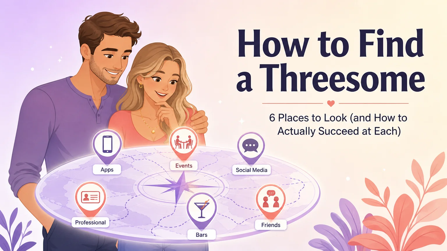 Cover: couple looking at a map with 6 destinations for finding a threesome partner