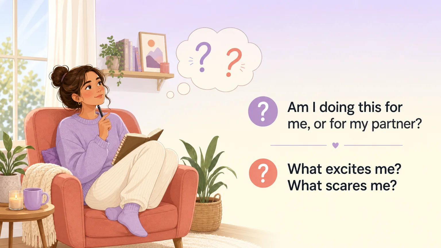 A person journaling by a window, reflecting on two self-audit questions: Am I doing this for me or for my partner? What excites me and what scares me?
