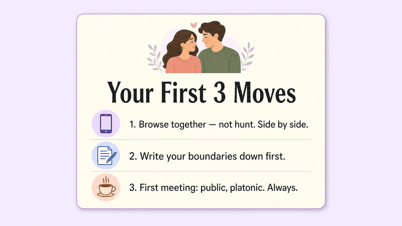 A designed checklist card with the first three moves after she says yes: browse together, write boundaries down, first meeting always public