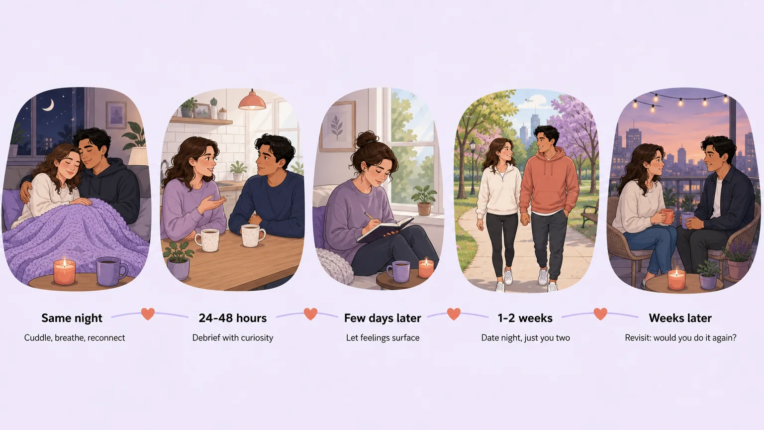 A five-phase timeline from same night cuddling through weeks-later reflection: the complete post-experience processing map