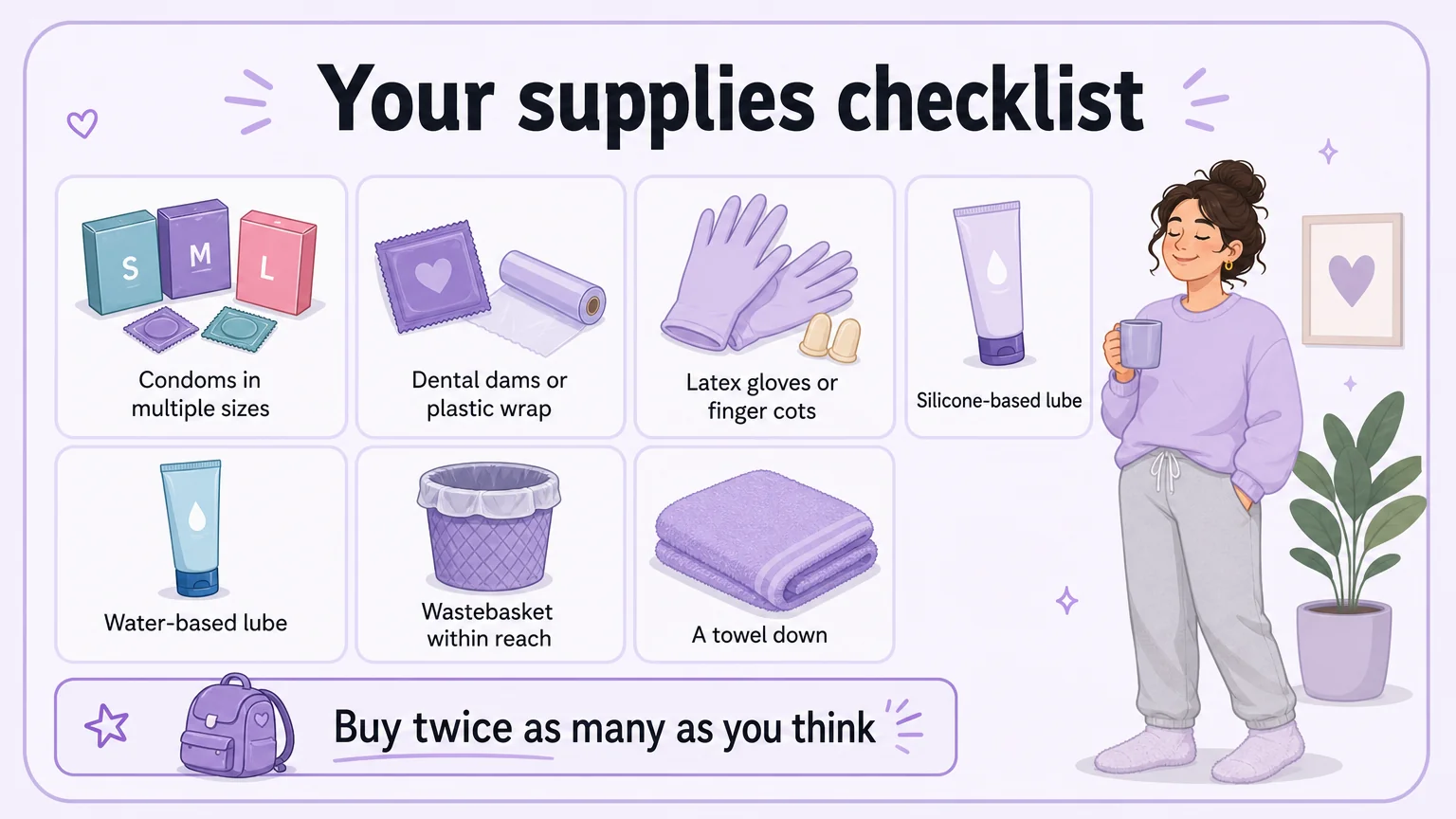 A supplies checklist card showing condoms, dental dams, gloves, lube, wastebasket, and towel: everything to prepare before anyone arrives