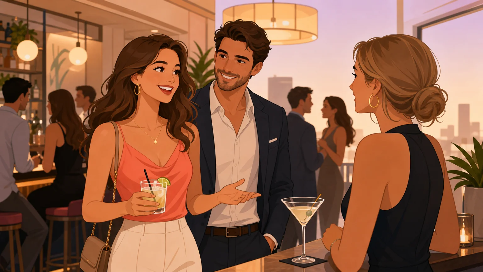 A woman leading conversation at a bar while her partner stays engaged nearby