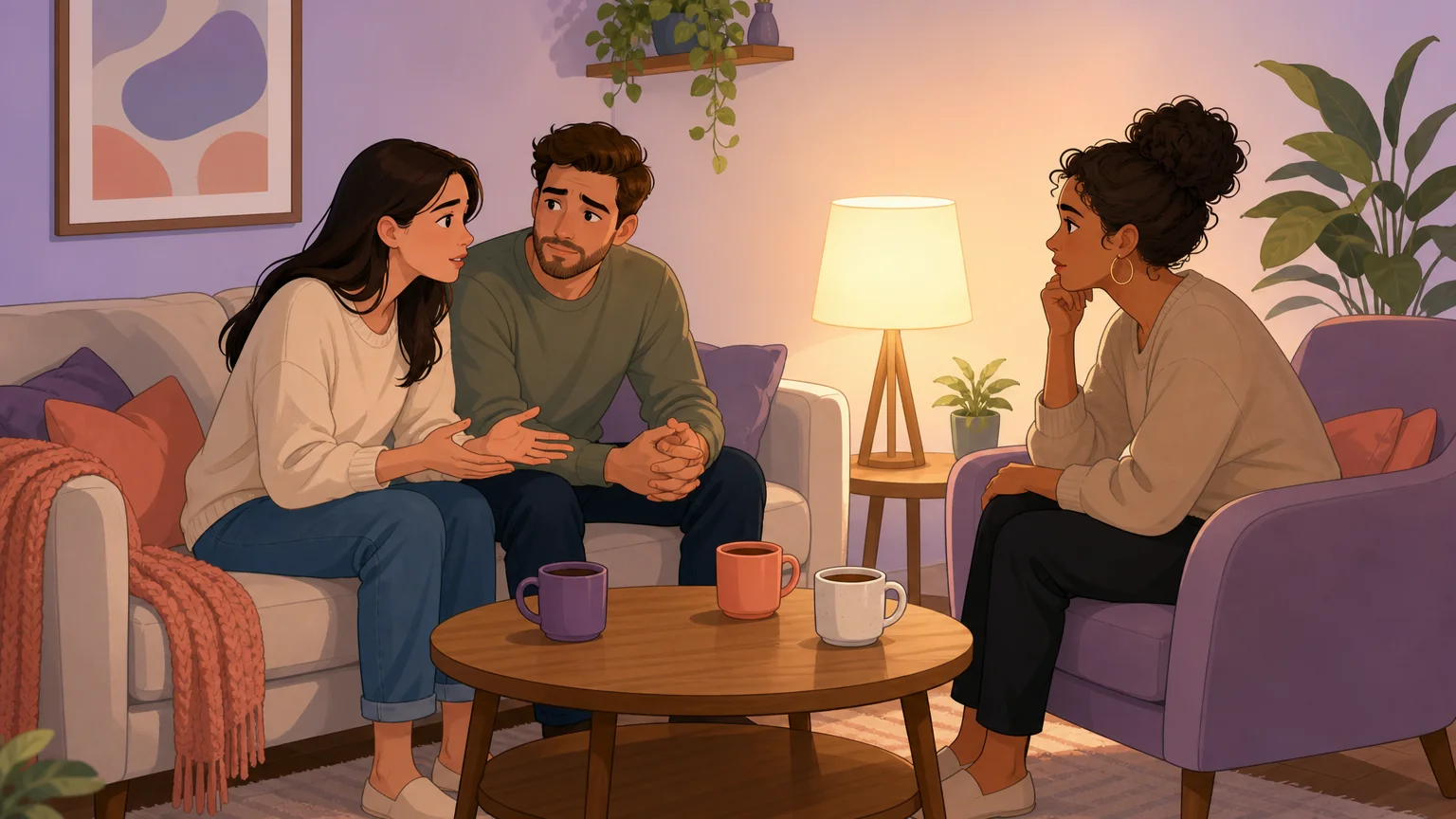 A couple having an honest but difficult conversation with a friend in a living room