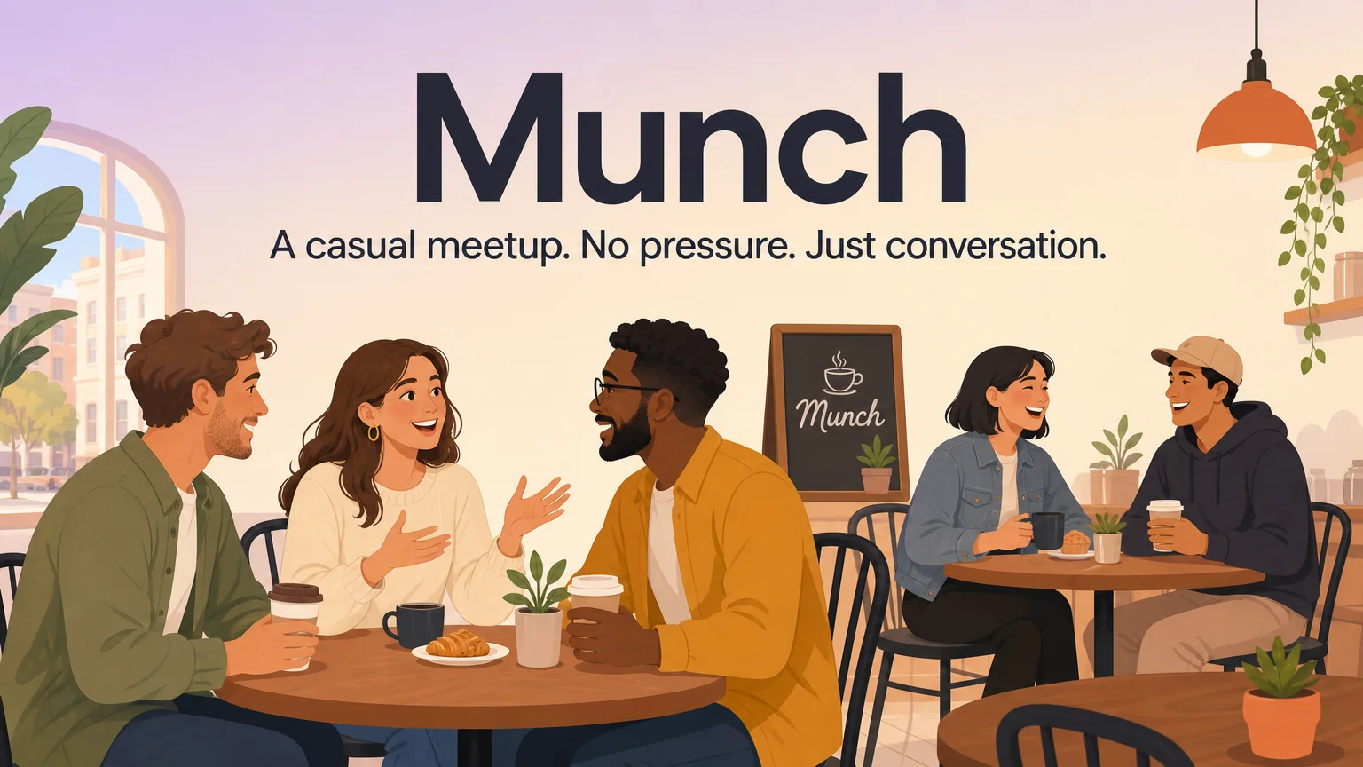 Casual munch meetup at a cafe: a couple chatting with friendly strangers, no pressure