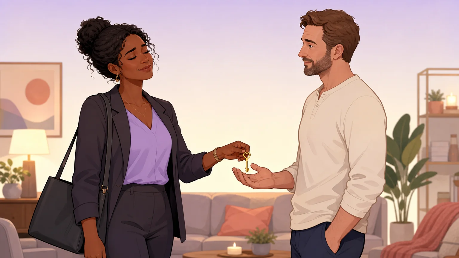 A professional woman coming home, handing over a symbolic object to her partner — the moment of letting go