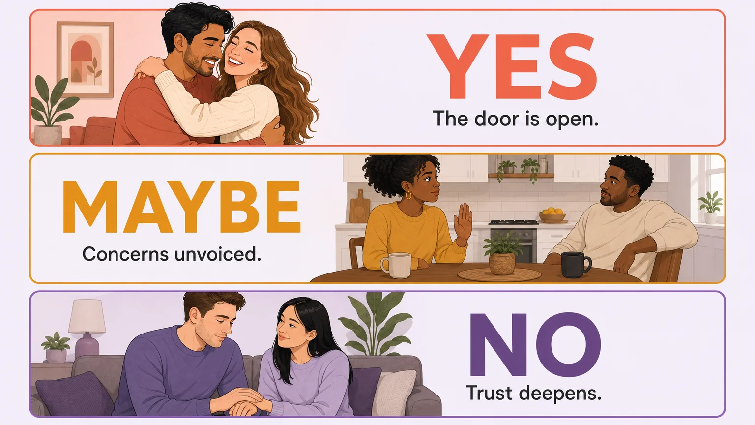 Three-panel visual showing the three possible responses to a threesome conversation: yes, maybe, and no — and what each path means for the relationship