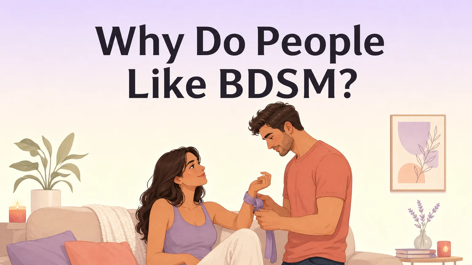 Article cover: two people in a warm living room, quiet and intentional, with the title "Why Do People Like BDSM?"