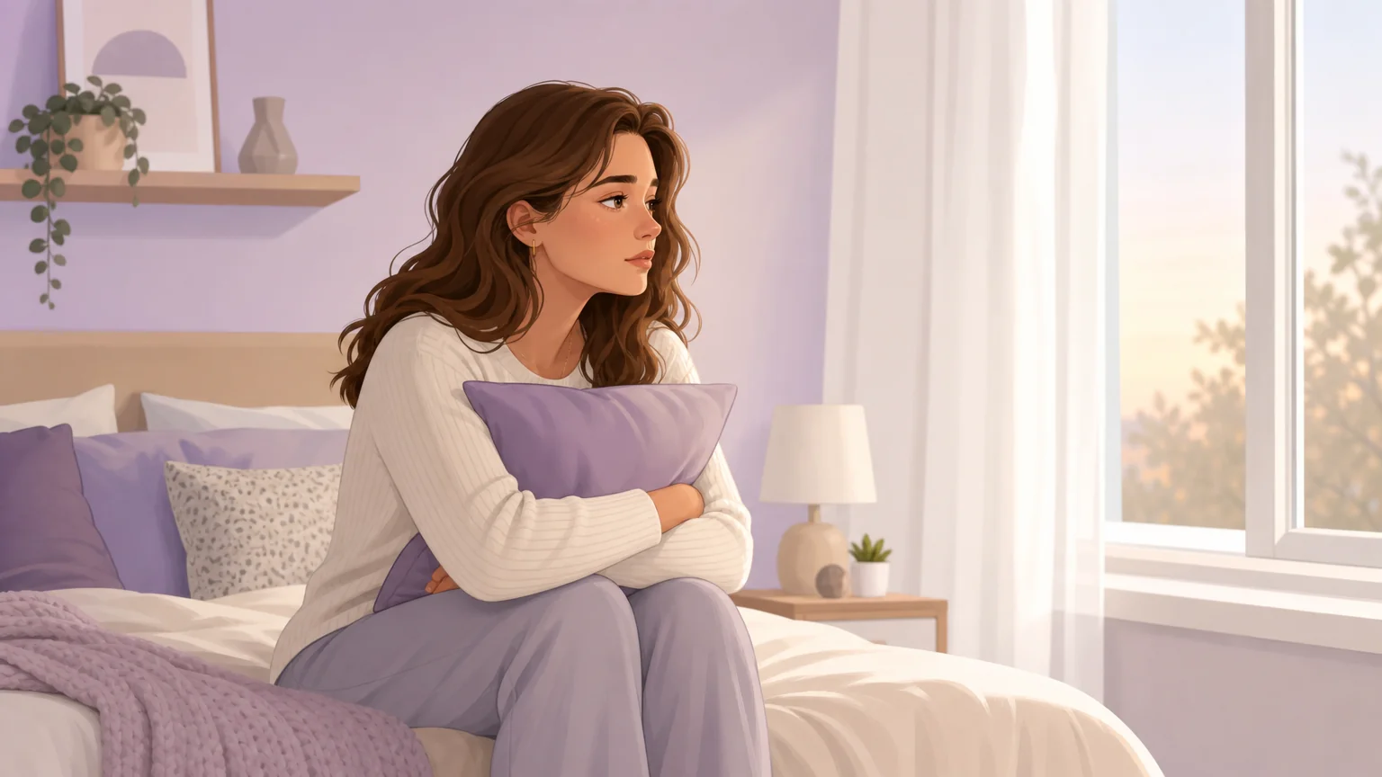 A woman sitting alone on the edge of a bed, arms wrapped around a pillow, processing the fear of not being enough after her partner suggested a threesome