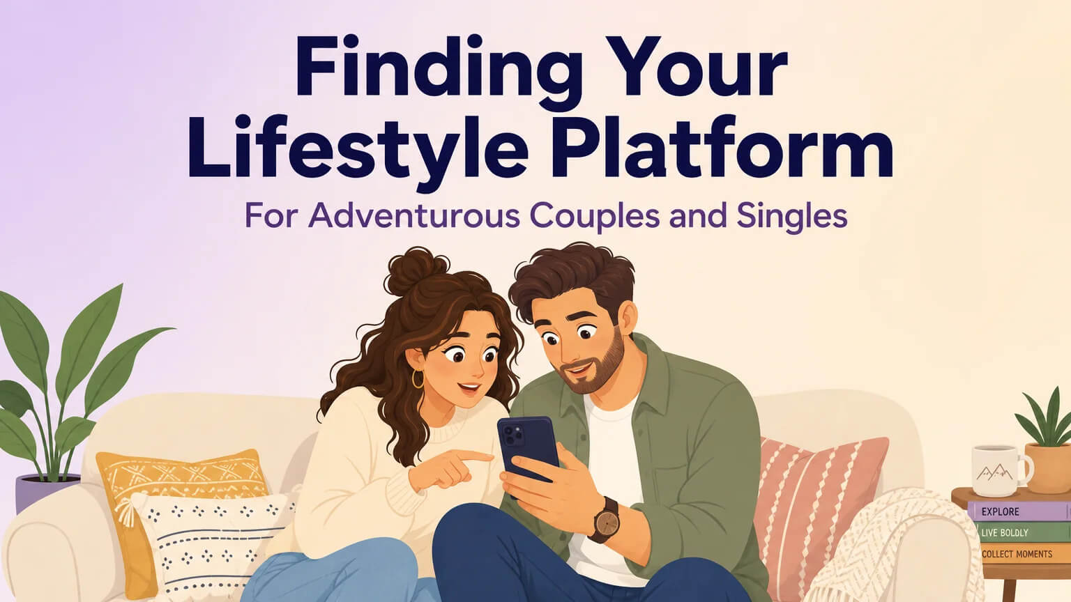 A couple on a couch browsing dating apps together on a phone, curious and engaged