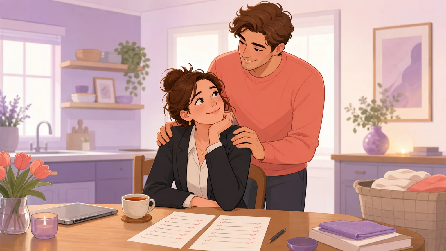 Scenario: A woman at the kitchen table, her partner behind her, hands on her shoulders — the emotional core of romantic fantasy