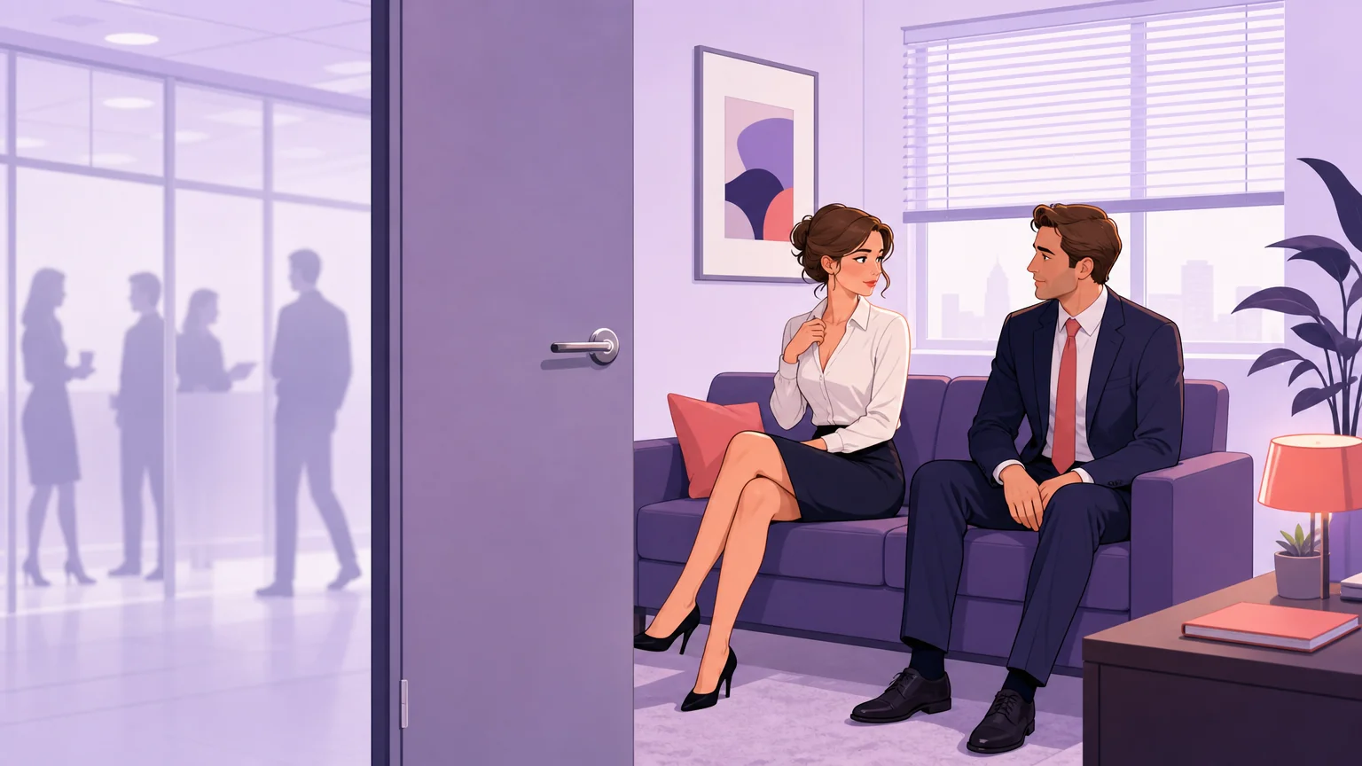 Scenario: An office with a closed door, two colleagues in a charged moment of proximity and risk