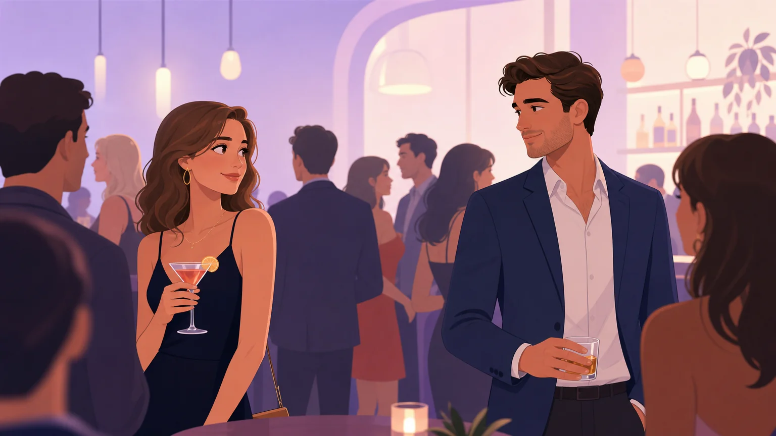 Scenario: A crowded bar at evening — two strangers exchange a look across the room, no history, no baggage, just mutual recognition