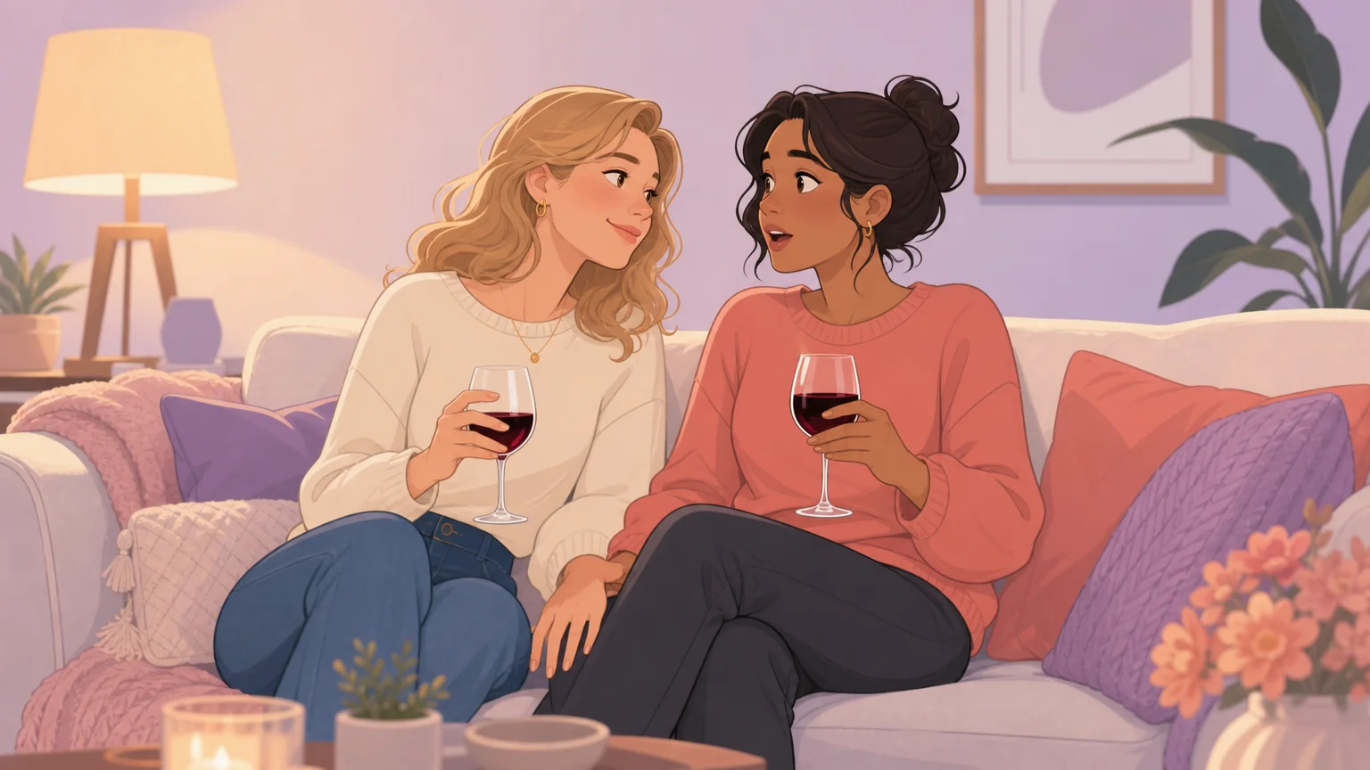 Scenario: Two women with wine glasses on a couch, a moment of recognition and curiosity between friends