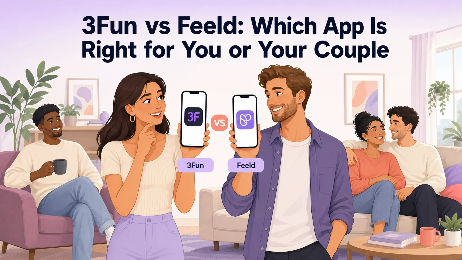 3Fun vs Feeld comparison cover, two adults comparing the apps on their phones