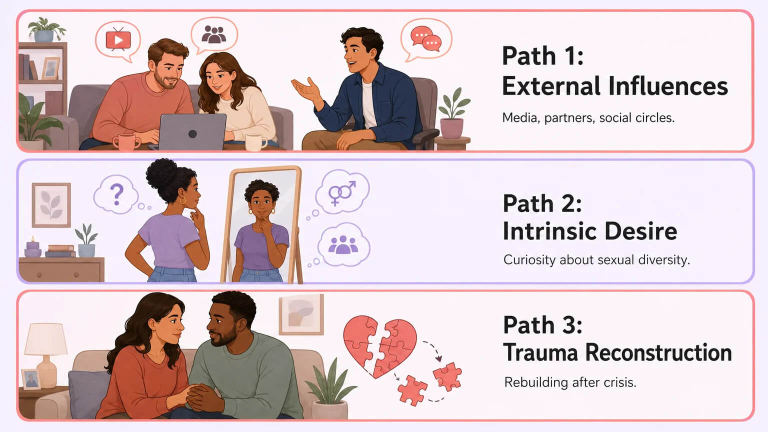 Three paths into swinging - external influences, intrinsic desire, trauma reconstruction