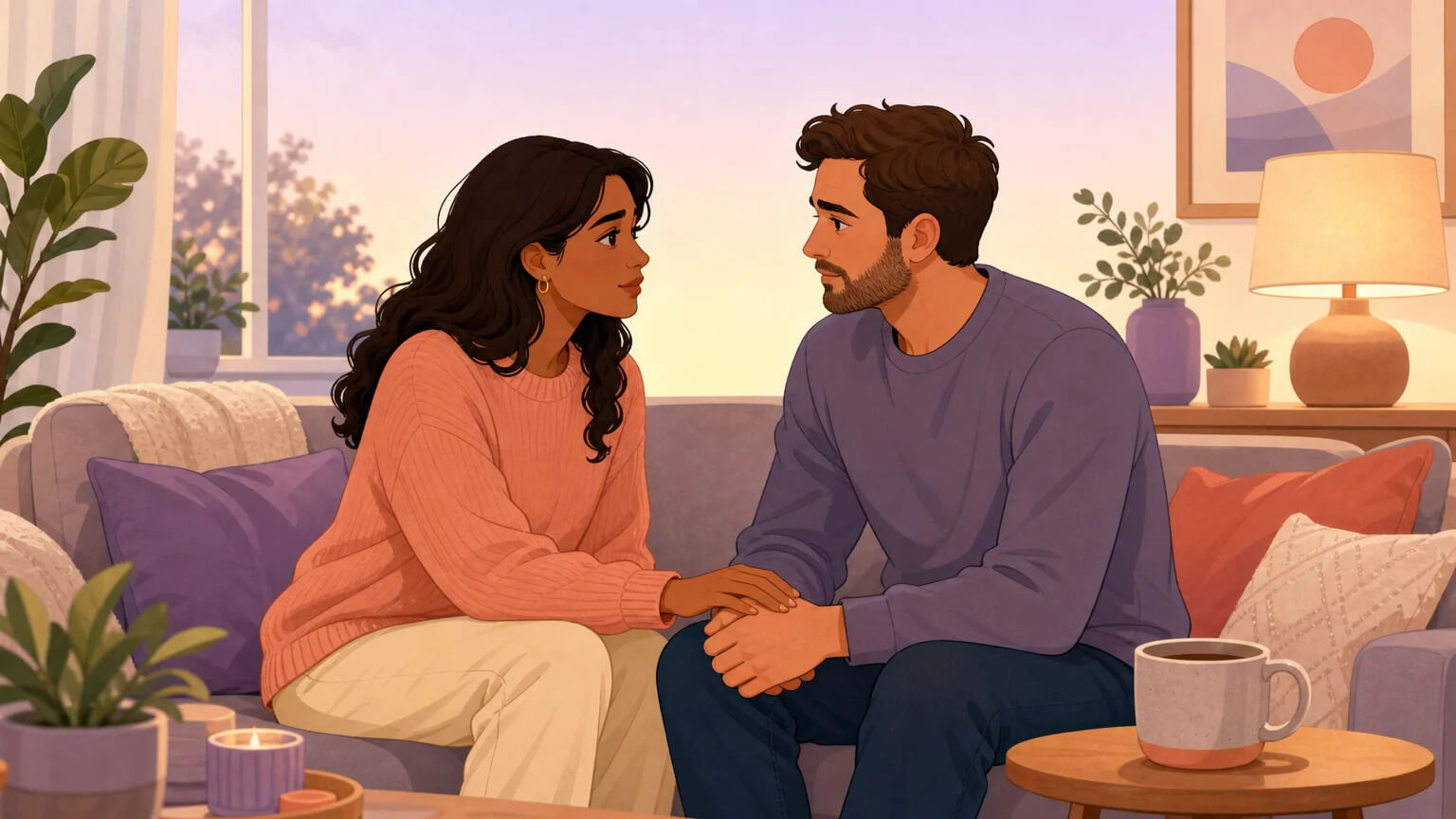 A couple having an emotional check-in conversation on their couch, warm evening light, illustrating the trust and communication needed in the lifestyle