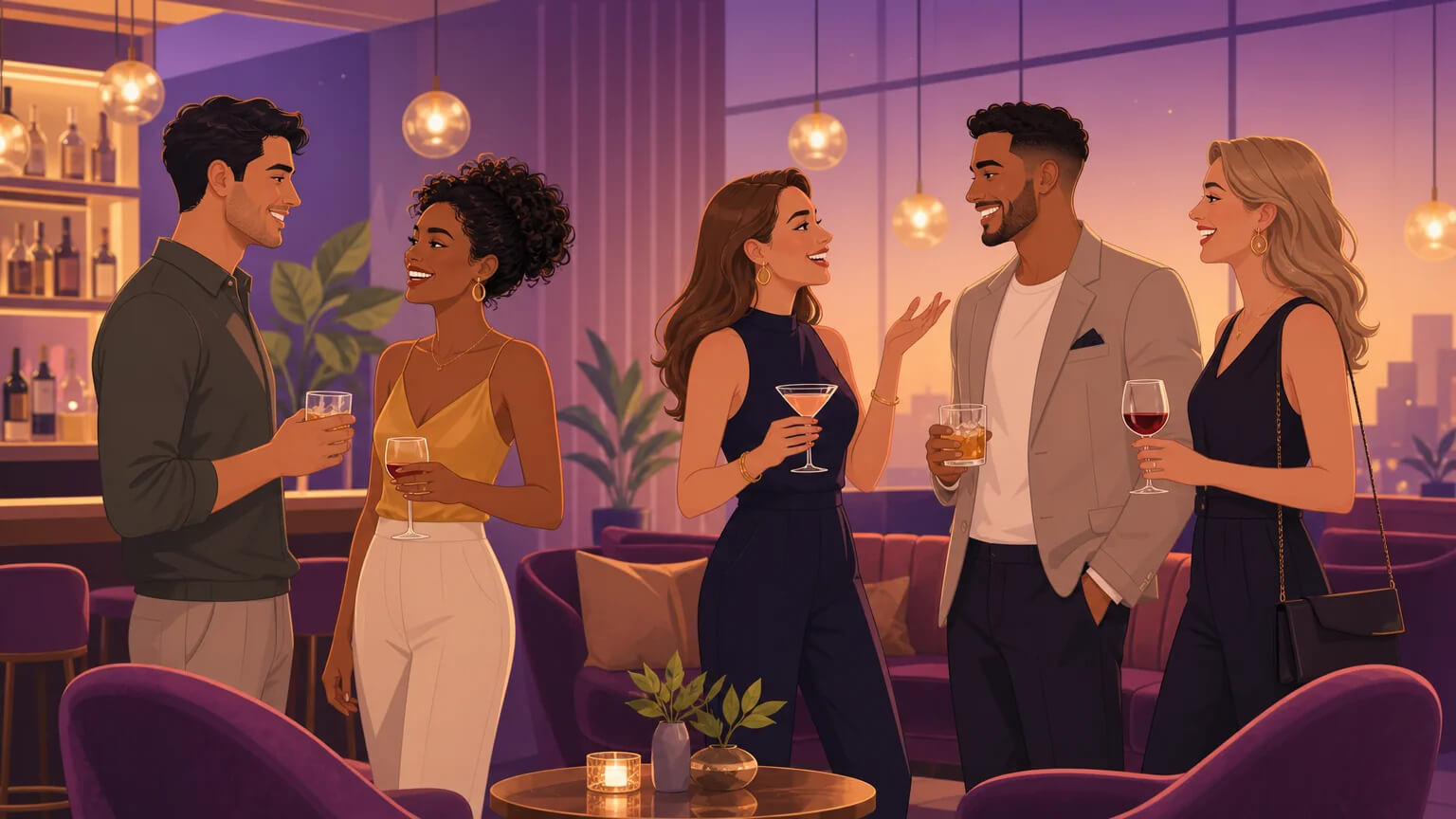 Sophisticated lounge bar scene showing couples socializing and connecting at a lifestyle club event