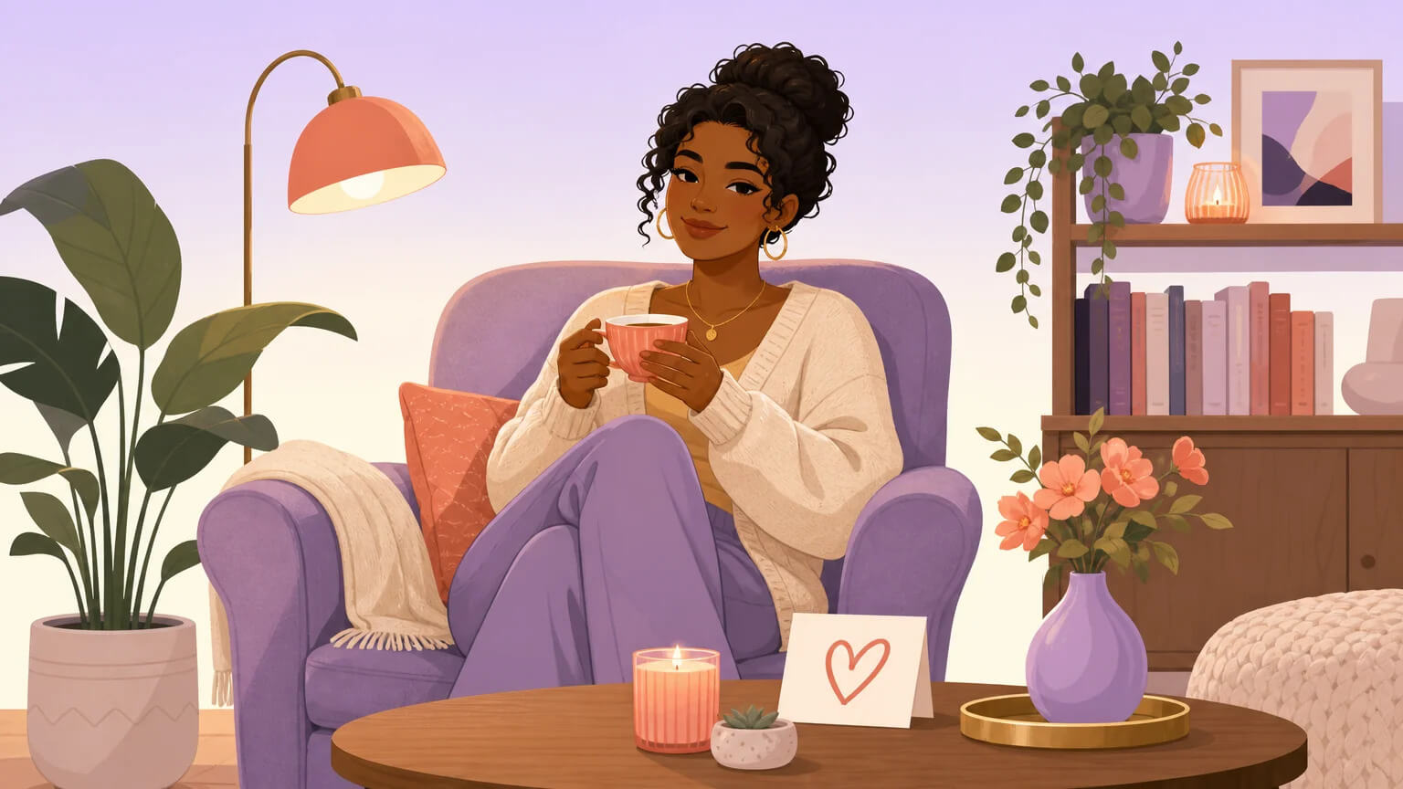 A single person feeling welcomed and valued, sitting confidently in a cozy living room setting