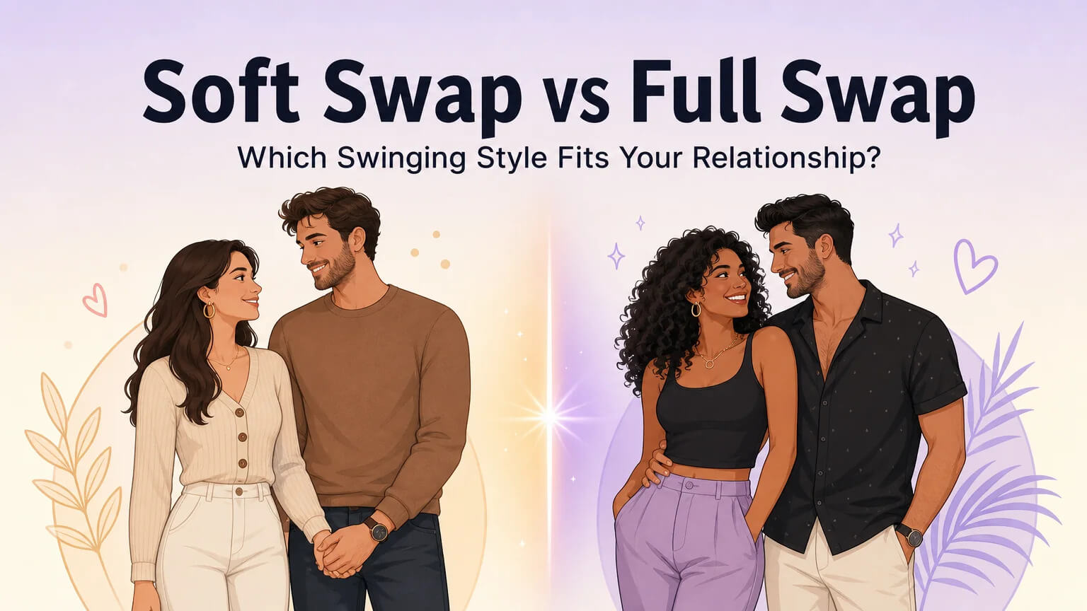 Soft Swap vs Full Swap cover illustration showing two couples on either side of a dividing line, comparing swinging styles