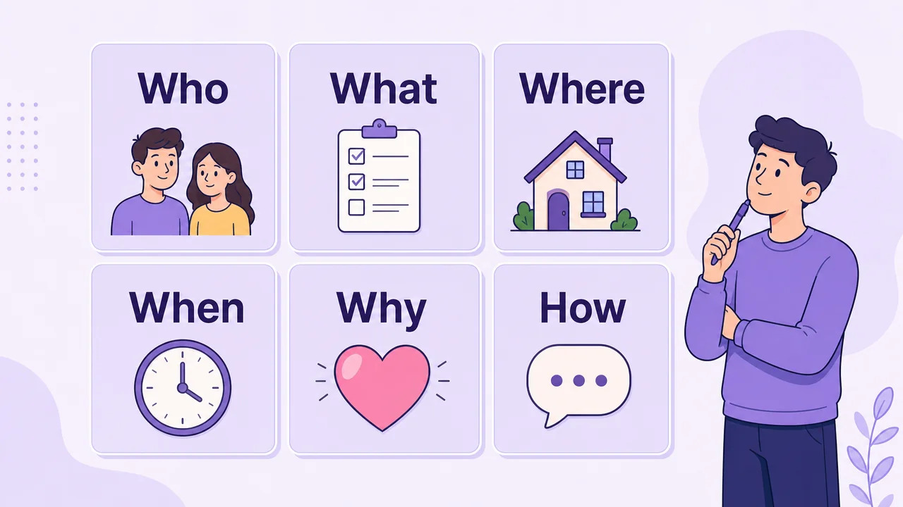 6 cards showing the 5W1H framework: Who, What, Where, When, Why, How