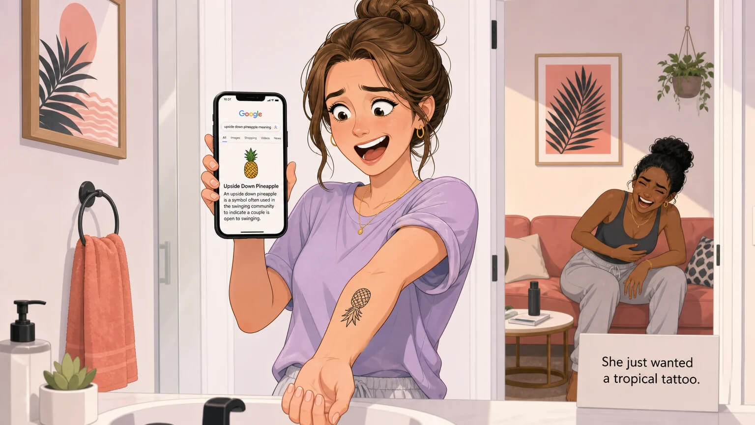 A woman realizing her innocent pineapple tattoo has a hidden meaning — the classic accidental swinger moment of shocked amusement