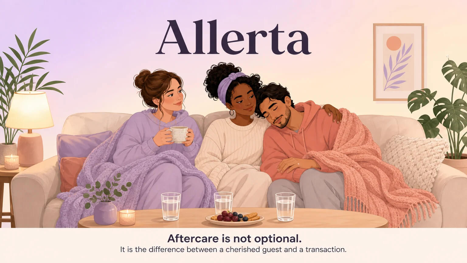 Three people wrapped in blankets on a couch with tea and snacks — the quiet tenderness of aftercare, where a cherished guest becomes something more than a transaction
