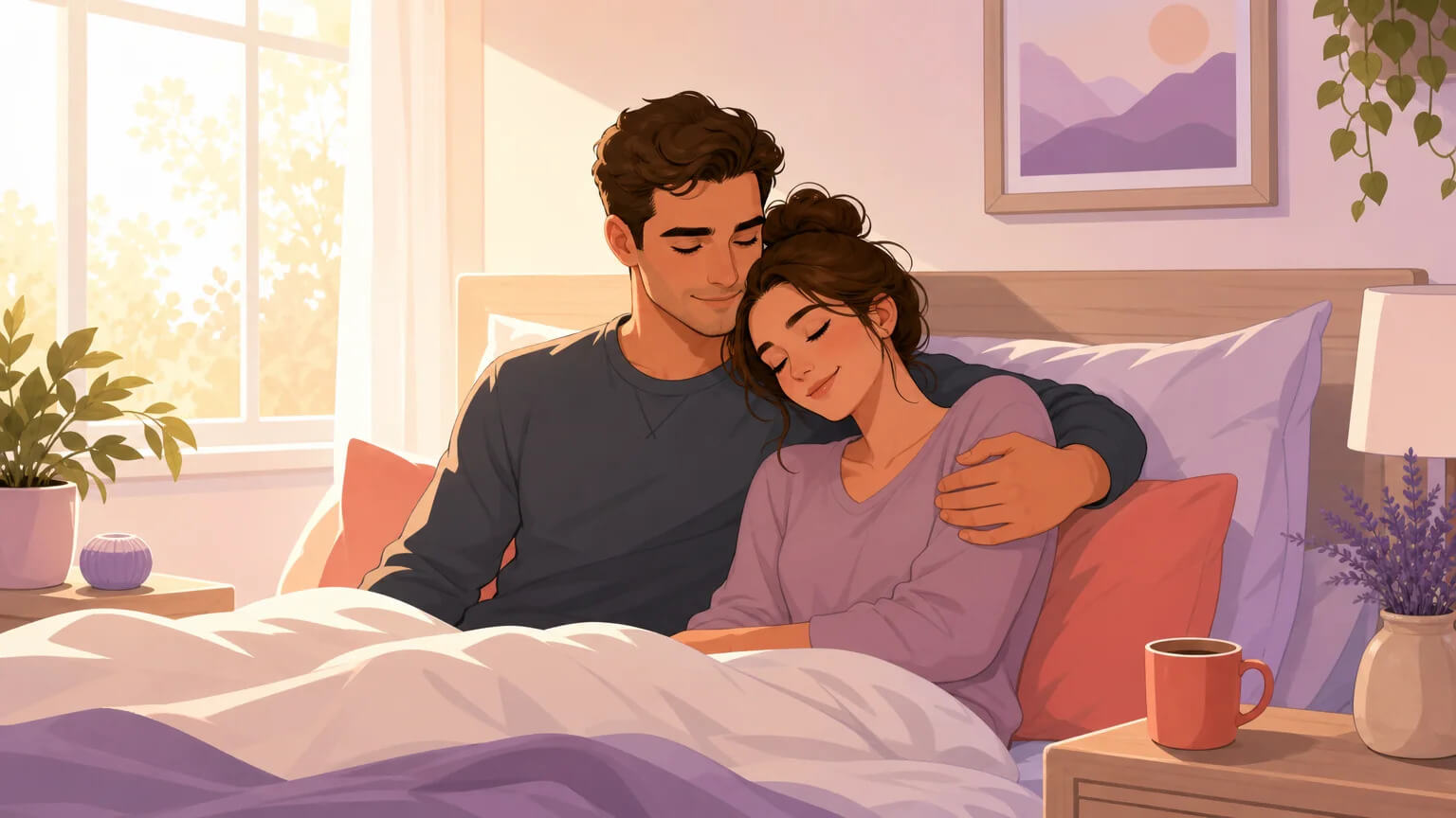 Couple reconnecting in the morning — quiet, grounded aftercare