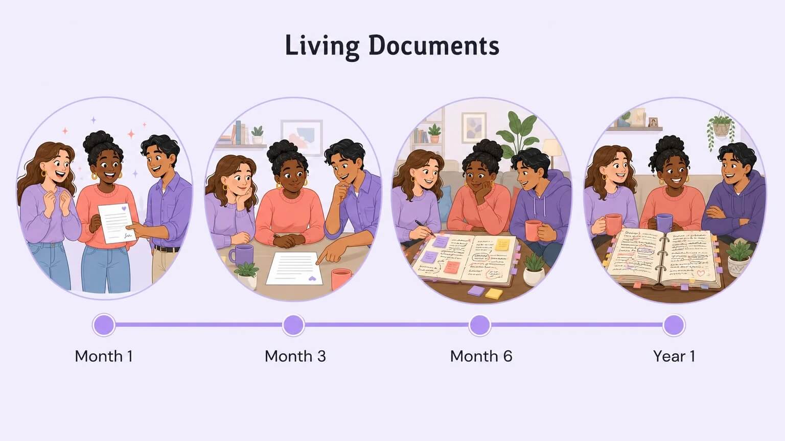 Horizontal timeline showing the evolution of triad agreements from Month 1 through Year 1 — from first document to well-worn living agreement