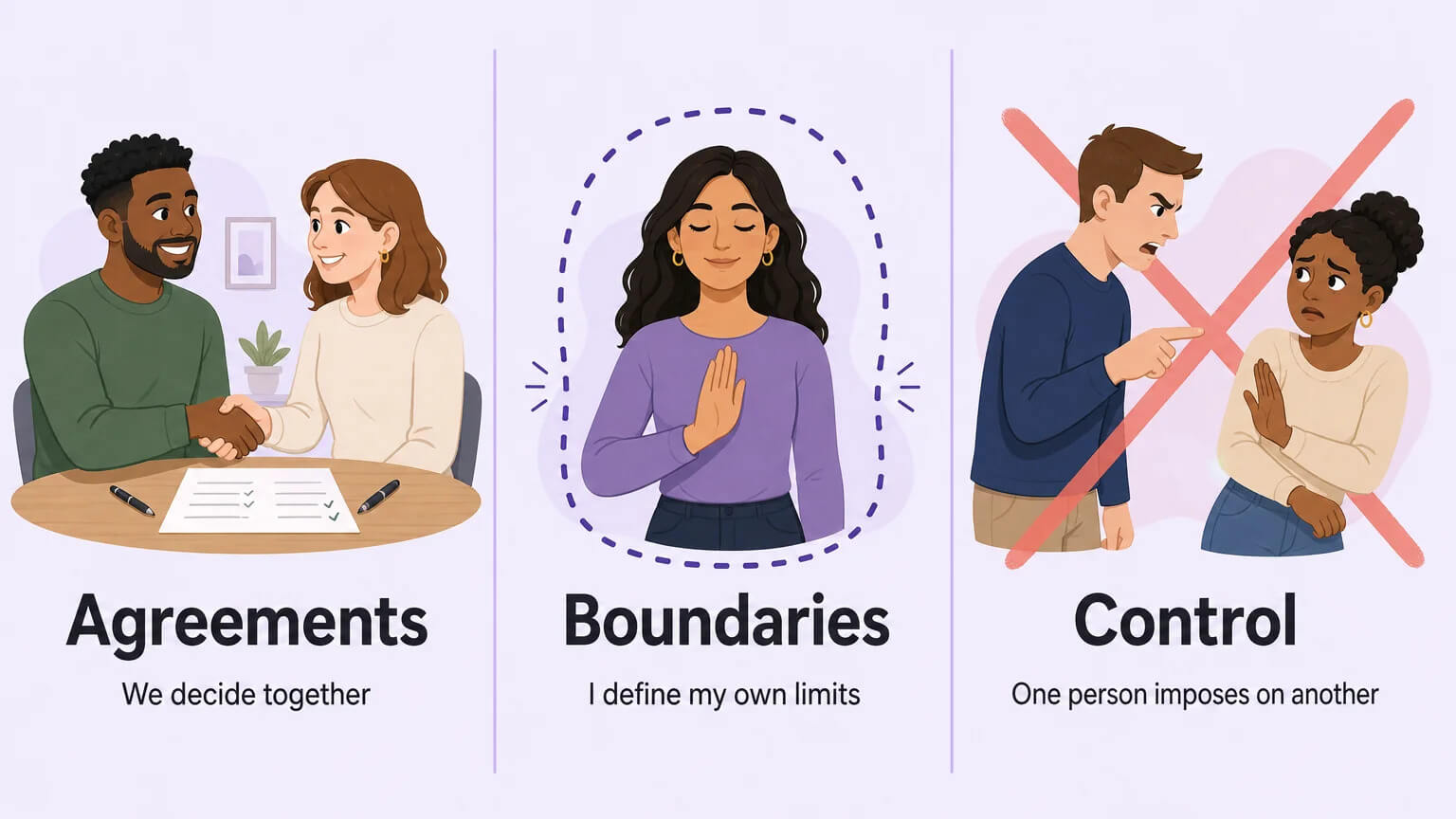 Three-column visual explaining Agreements (co-created), Boundaries (self-defined), and Control (imposed by one person)