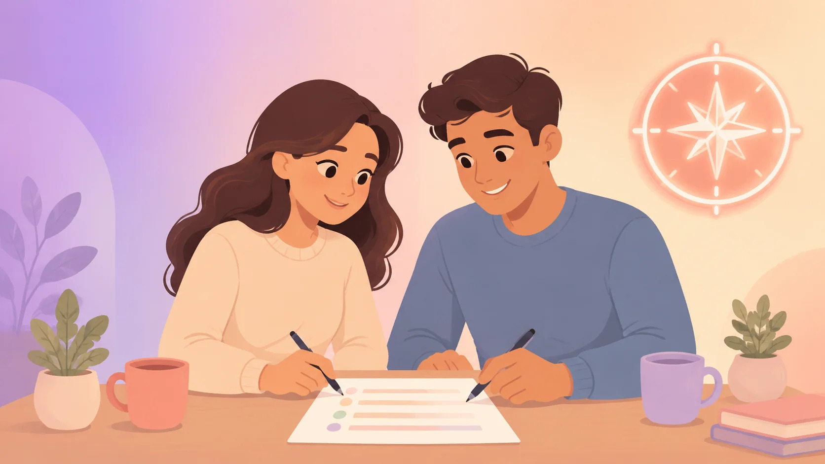 Two characters co-creating a shared agreement document at a desk