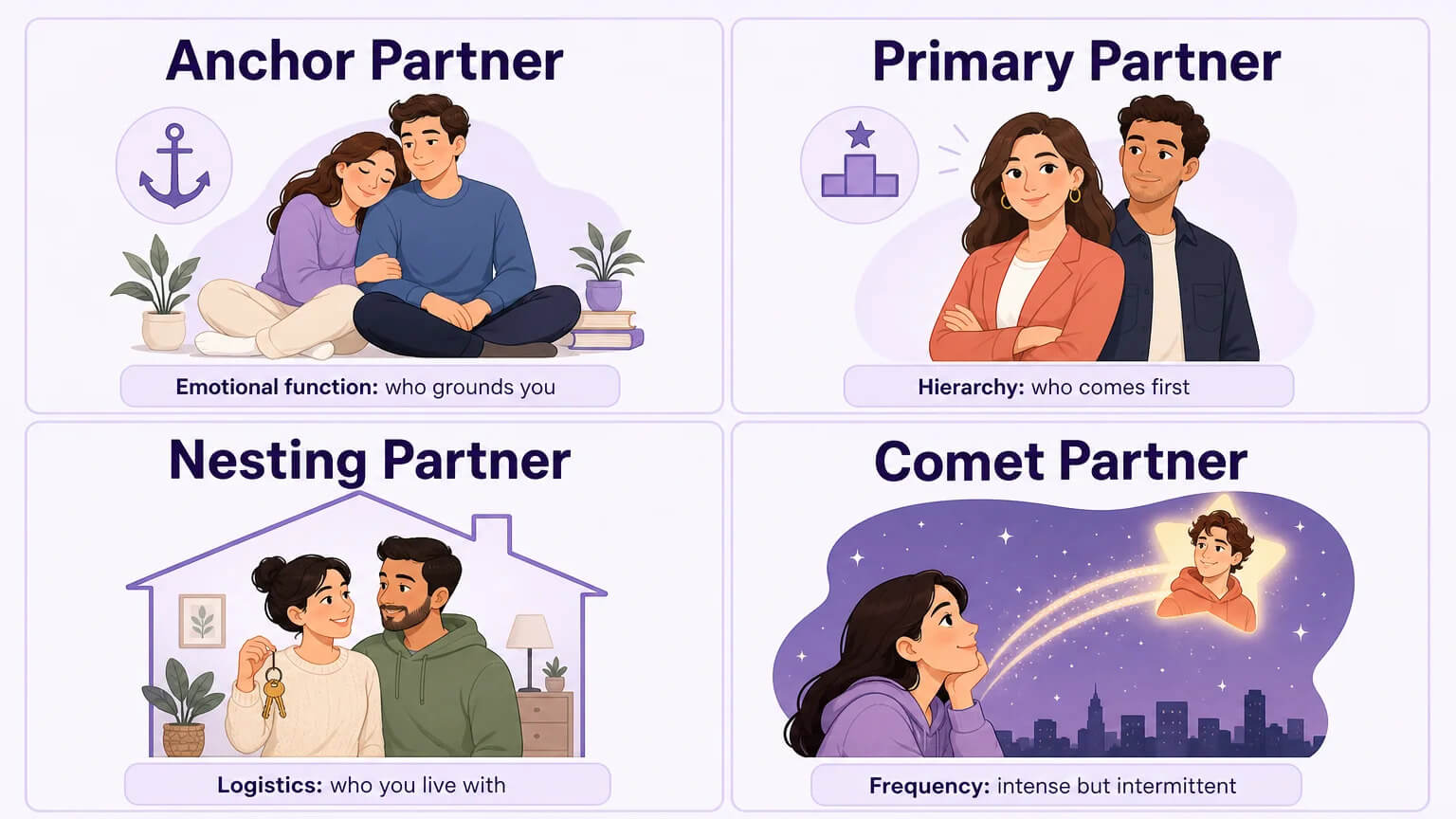 2x2 grid comparing four relationship terms: anchor partner, primary partner, nesting partner, and comet partner