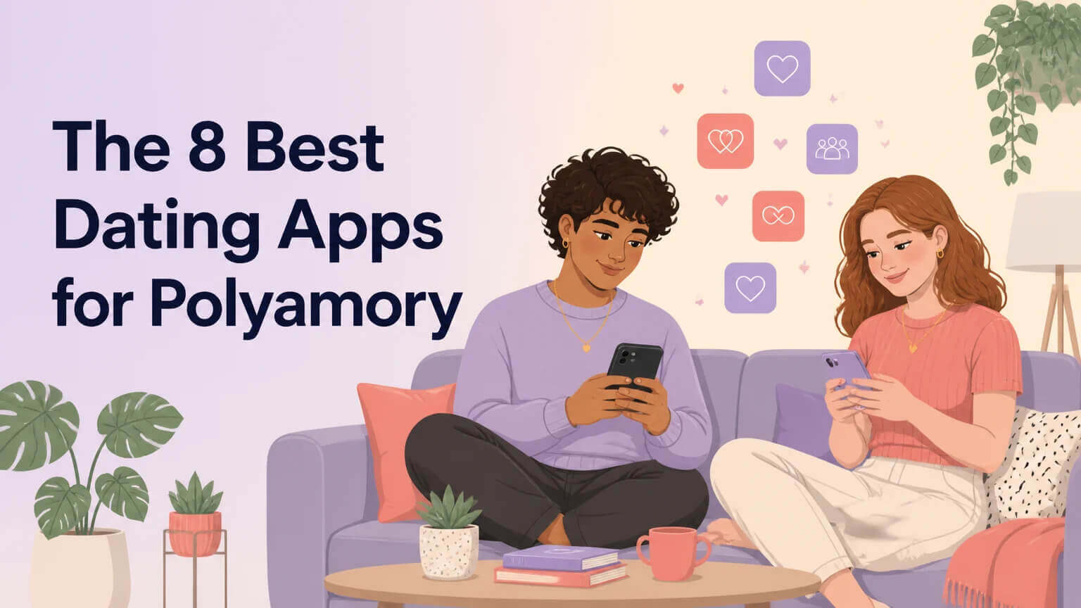 Cover image showing two people on a sofa looking at phones with floating app icons, illustrating the search for the best dating apps for polyamory