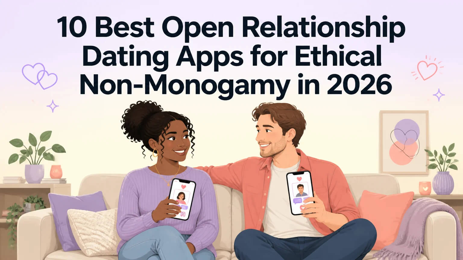 Couple browsing open relationship dating apps together on a sofa