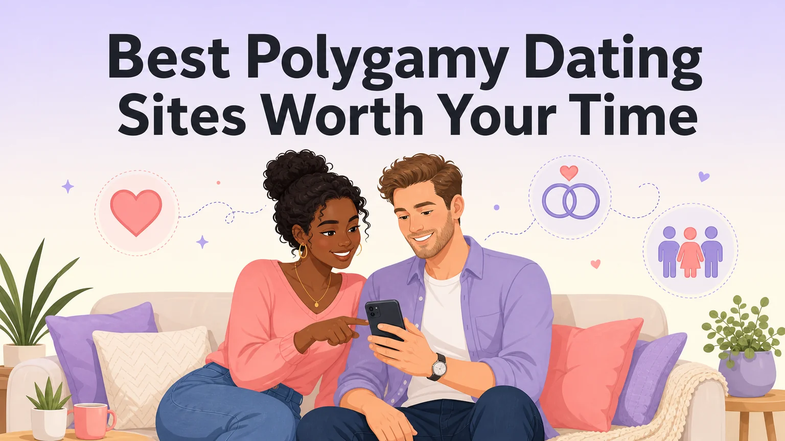 Cover image for polygamy dating sites article — couple exploring dating apps on a couch with relationship spectrum icons from traditional polygamy to modern ENM