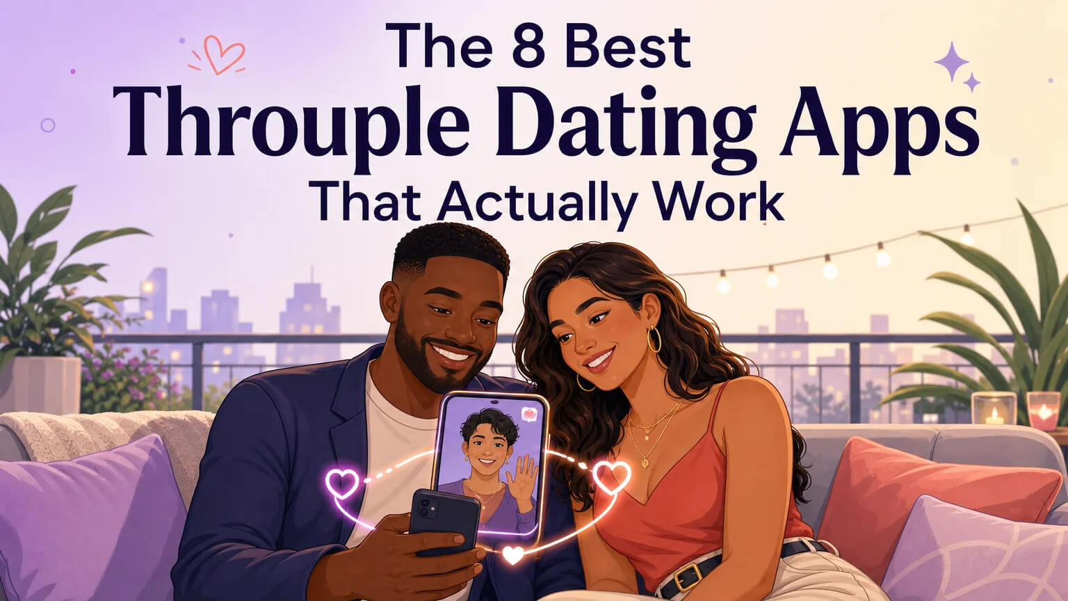 A couple on a sofa smiling at a phone screen showing a third person waving back, warm pastel gradient background with the article title rendered above