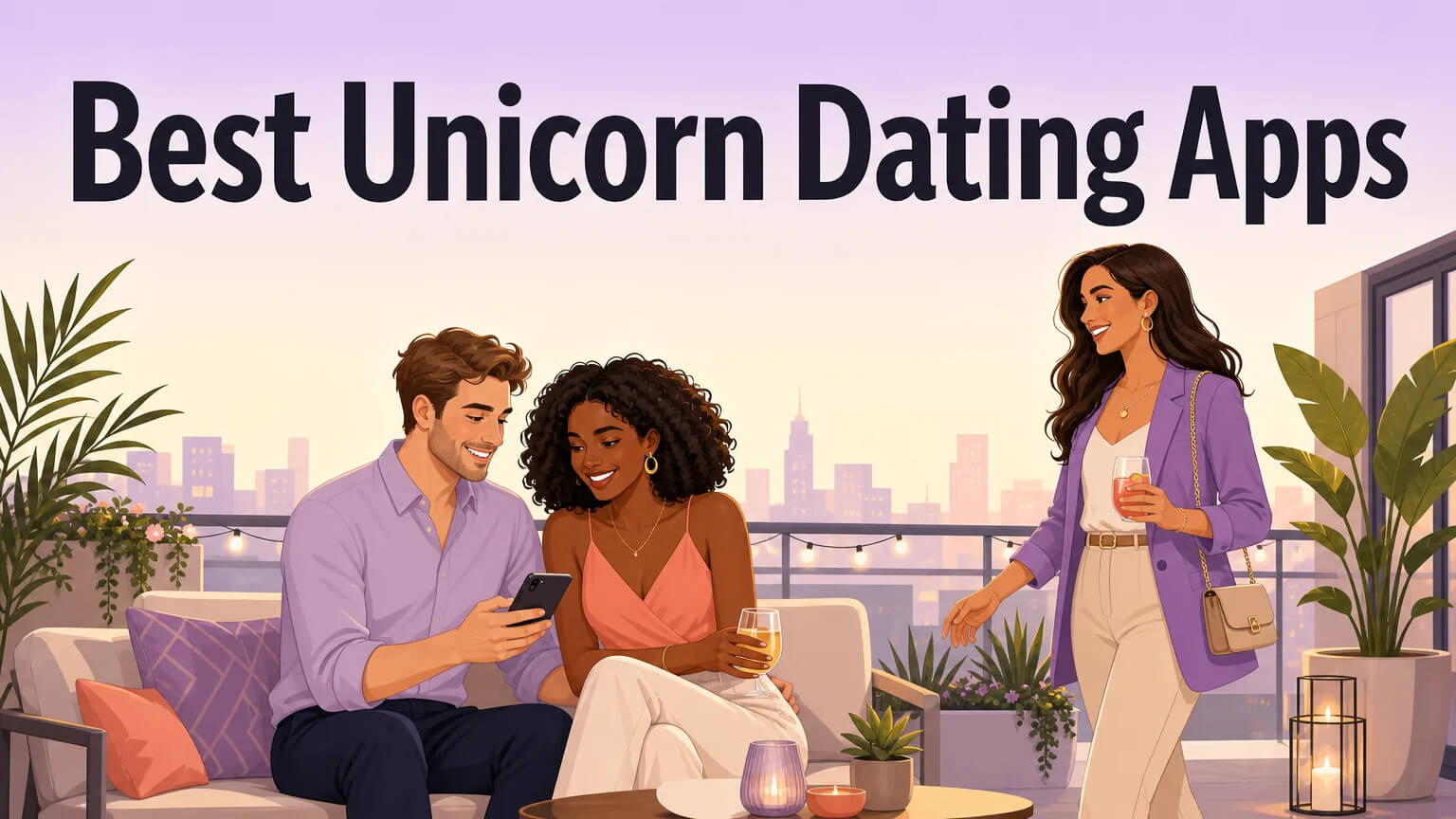 A couple and a single person sharing a warm moment on a balcony at golden hour, phone in hand, relaxed and inviting — editorial illustration for Best Unicorn Dating Apps