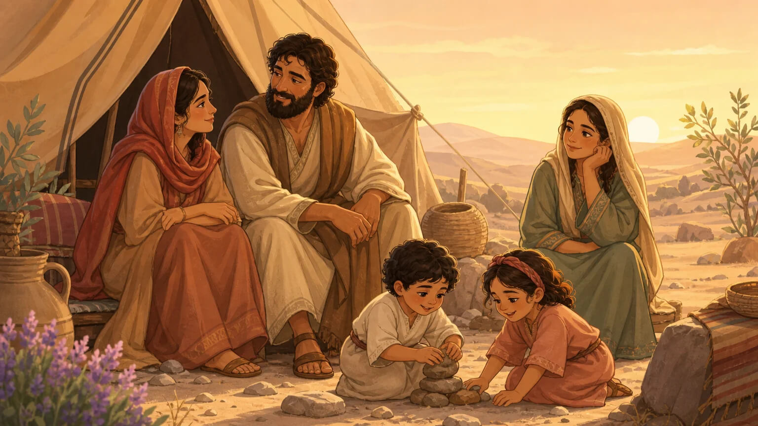 Warm illustration of a biblical-era family outside a tent at desert evening: a patriarch, two wives, and children
