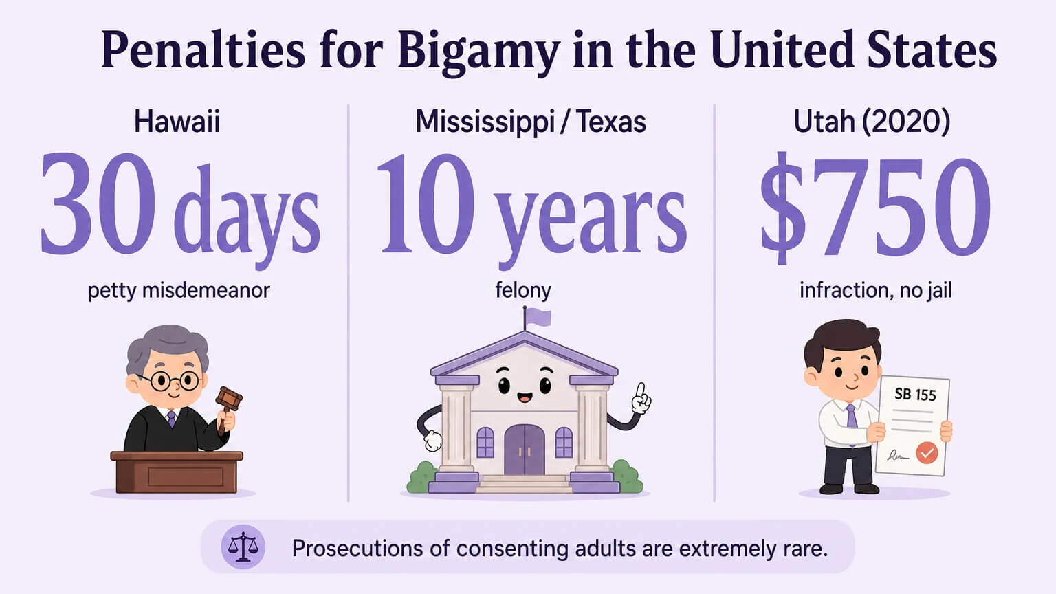 Bigamy penalties by US state: Hawaii 30 days, Mississippi/Texas 10 years, Utah $750 fine