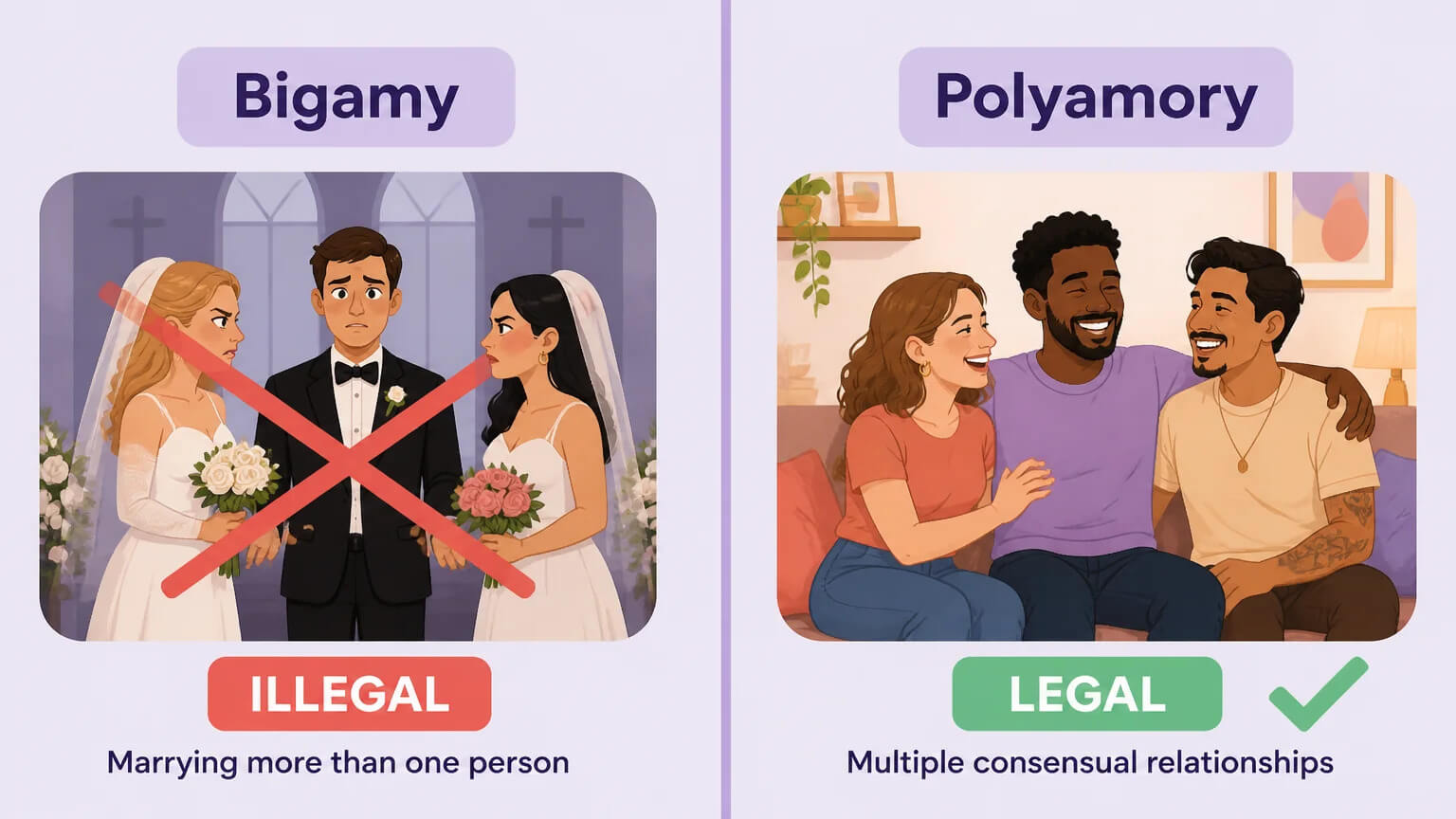 Two-panel comparison: left panel shows bigamy with red X, right panel shows polyamory with green check — three characters laughing together on a couch