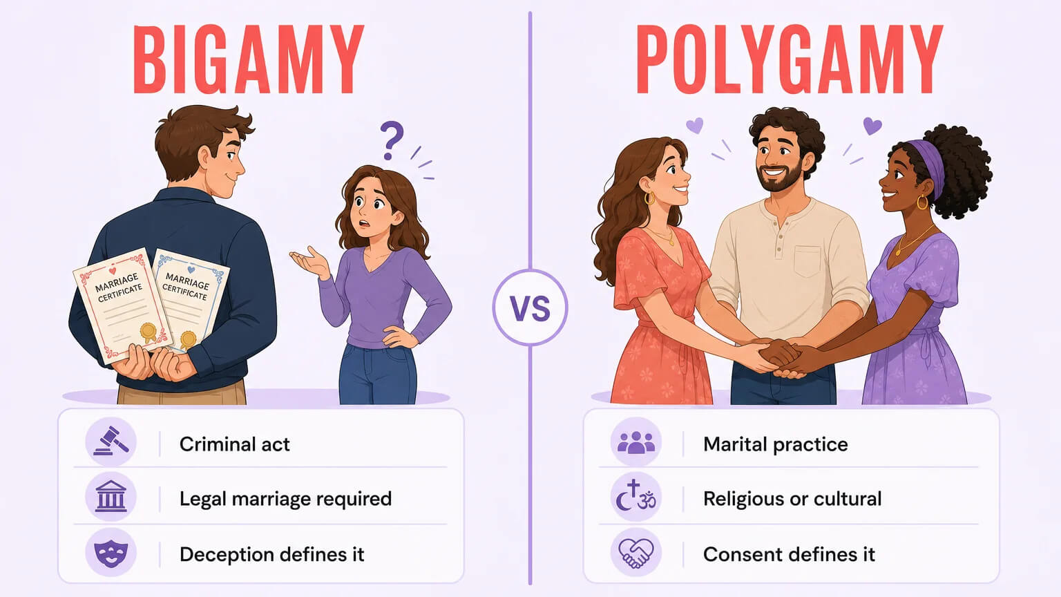 Side-by-side comparison of bigamy versus polygamy definitions and key differences