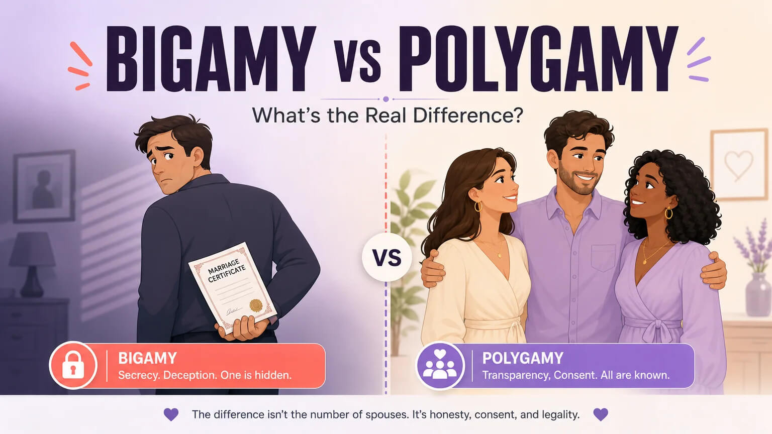 Bigamy vs Polygamy cover illustration showing secrecy versus transparency in relationships