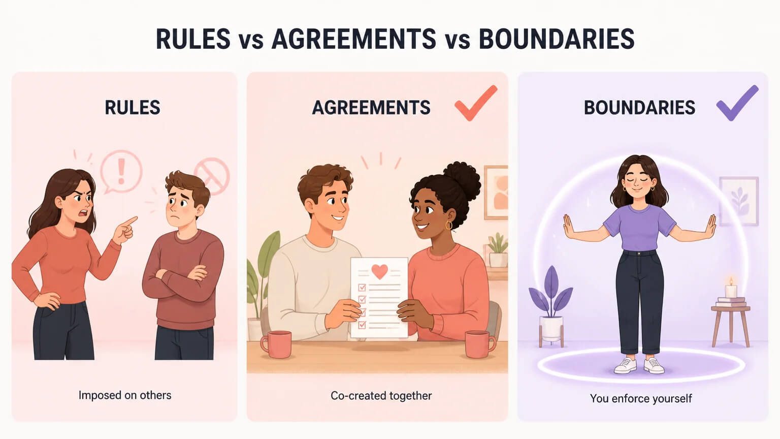 Three-panel comparison: Rules (imposed restrictions), Agreements (co-created together), and Boundaries (you enforce yourself